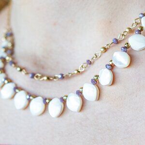 Striking Gold & Lavender Scoop neck Necklace w/ tiered lengths, w drop beads